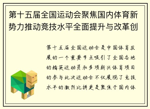 第十五届全国运动会聚焦国内体育新势力推动竞技水平全面提升与改革创新