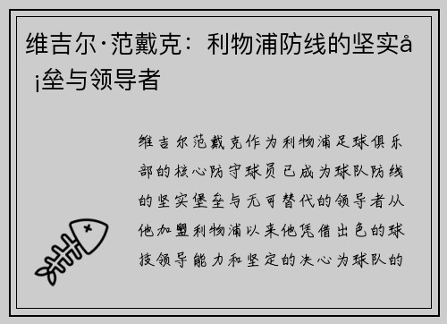 维吉尔·范戴克：利物浦防线的坚实堡垒与领导者